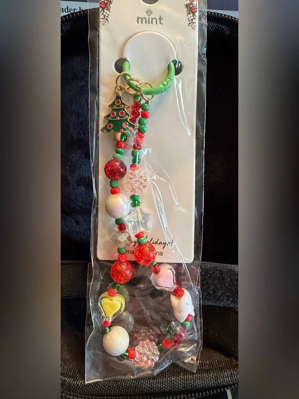 Holiday Heart and Bead Keychain - Green & Red
